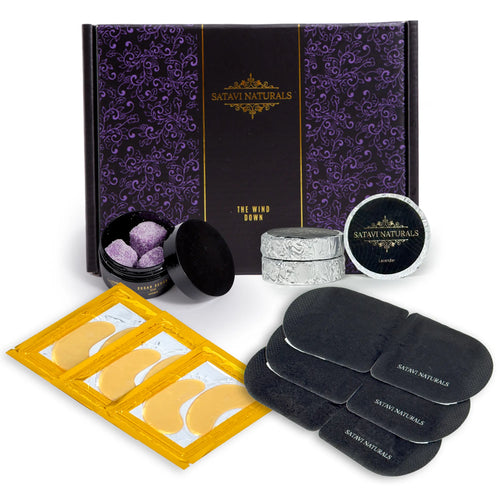Satavi Naturals Wind Down Gift Set with lavender sugar scrubs, steam masks, and eye masks.