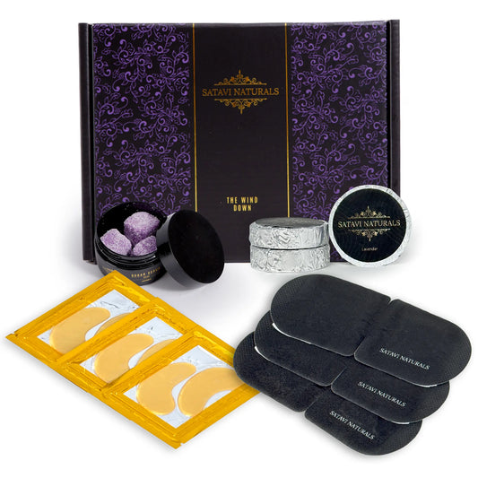 Satavi Naturals Wind Down Gift Set with lavender sugar scrubs, steam masks, and eye masks.