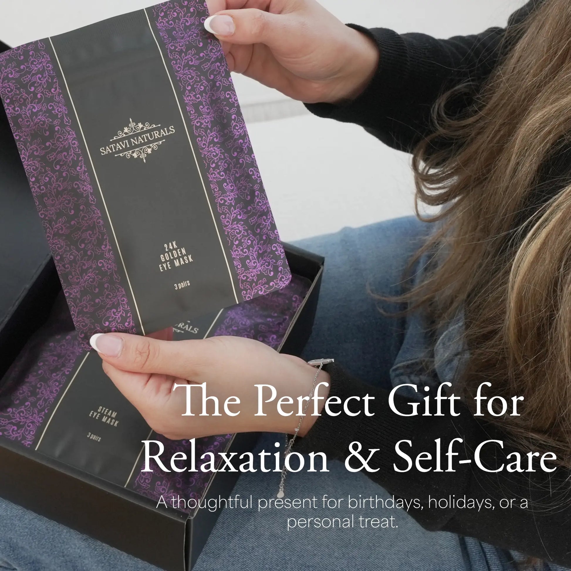 Satavi Naturals Wind Down Gift Set packaging shown as a self-care gift idea.