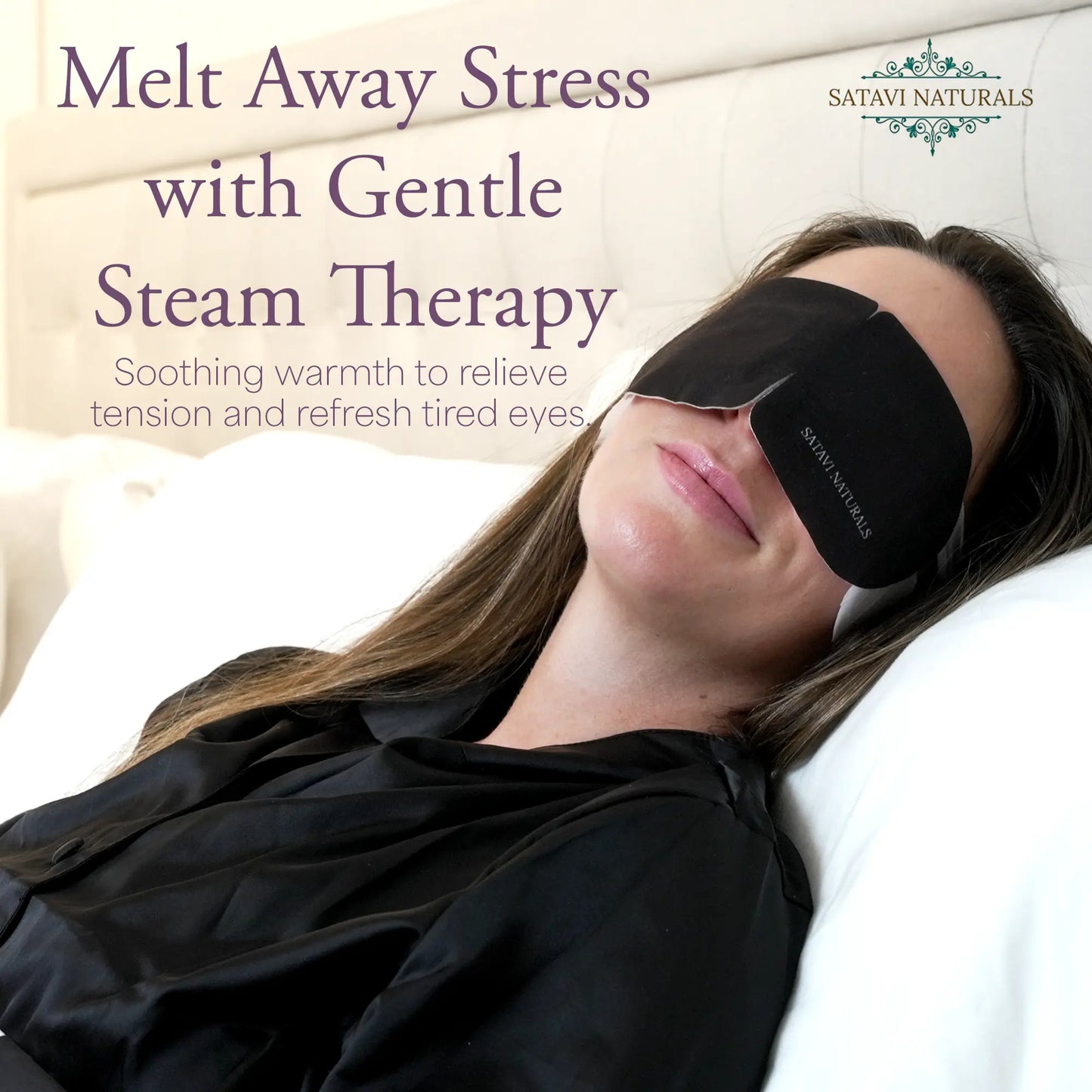 Woman using Satavi Naturals steam eye mask from the Wind Down Gift Set for stress relief.