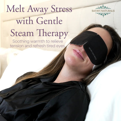 Woman using Satavi Naturals steam eye mask from the Wind Down Gift Set for stress relief.