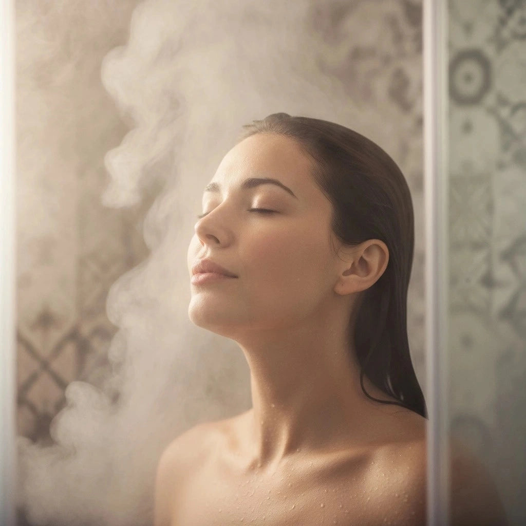 Women standing in shower with eyes closed as she breathes in the steam